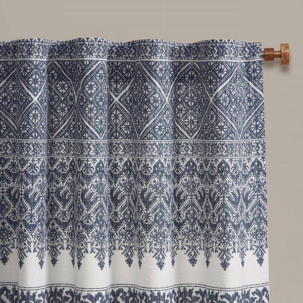 INK+IVY Mila Cotton Printed Curtain Panel with Chenille detail and Lining in Navy, 50x84" II40-1182