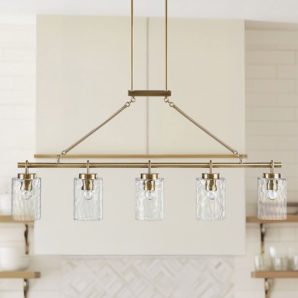 INK+IVY Curiana 5-light Linear Chandelier with Textured Glass Shades in Antique Brass FB150-1191