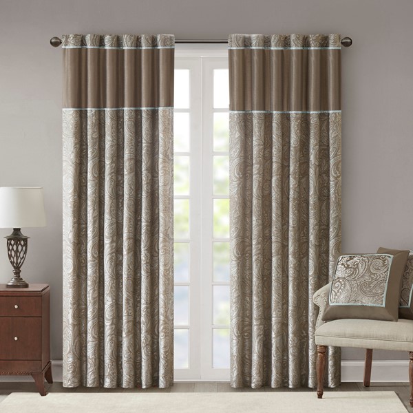 Madison Park Aubrey Jacquard Curtain Panel Pair in Blue/Brown, 50x108" MP40-2679