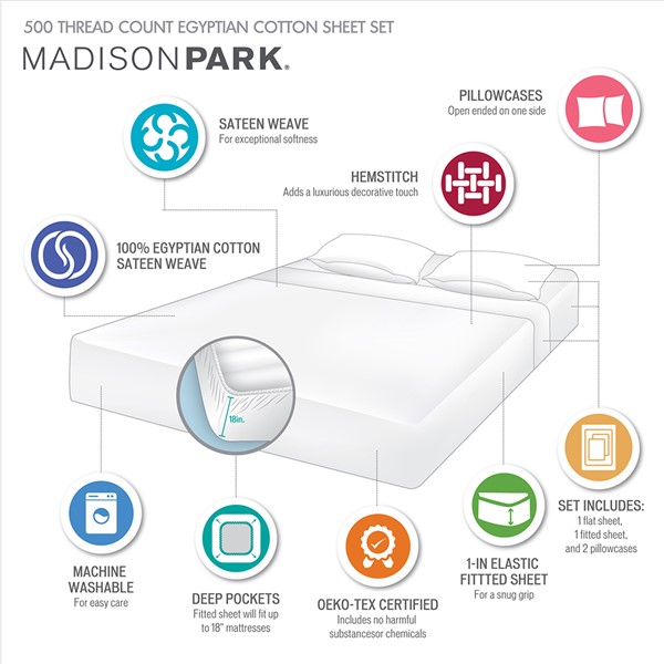 Madison Park 500 Thread Count Egyptian Cotton Deep Pocket Sheet Set in White, King MP20-8222