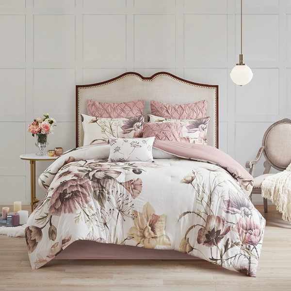 Madison Park Cassandra 8 Piece Cotton Printed Comforter Set in Blush, Cal King MP10-6166