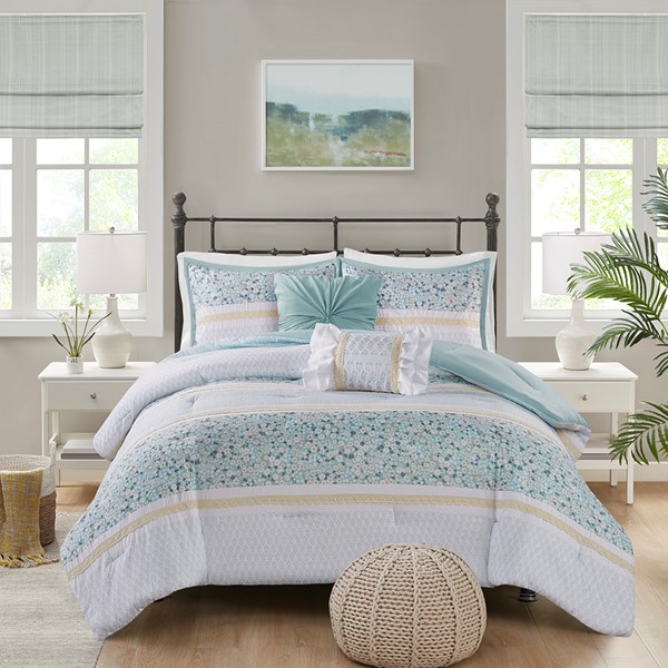 Madison Park Caralie 5 Piece Seersucker Comforter Set with Throw Pillows in Aqua, Full/Queen MP10-8287