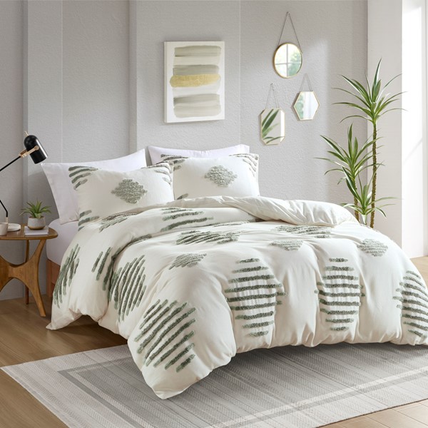 INK+IVY Tahli 3 Piece Cotton Blend Chenille Duvet Cover Set in Green/Ivory, Full/Queen II12-1313