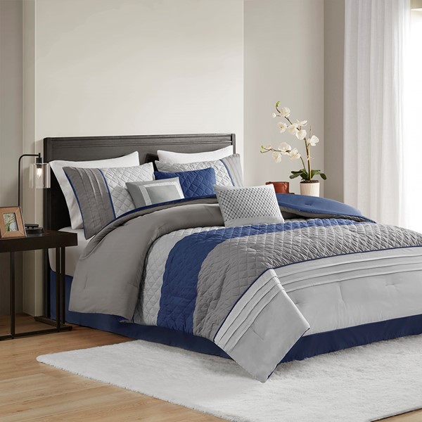 Madison Park Jenson 7 Piece Color Block Stripe Comforter Set with Throw Pillows in Blue, Cal King MP10-8323