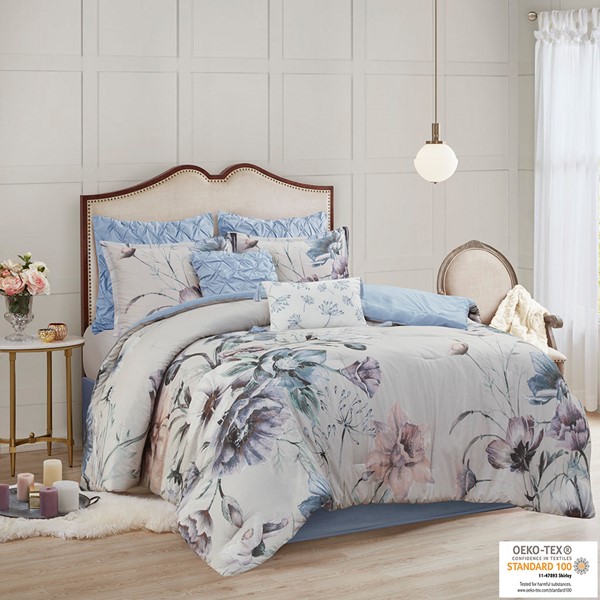 Madison Park Cassandra 8 Piece Cotton Printed Comforter Set in Blue, King MP10-7835