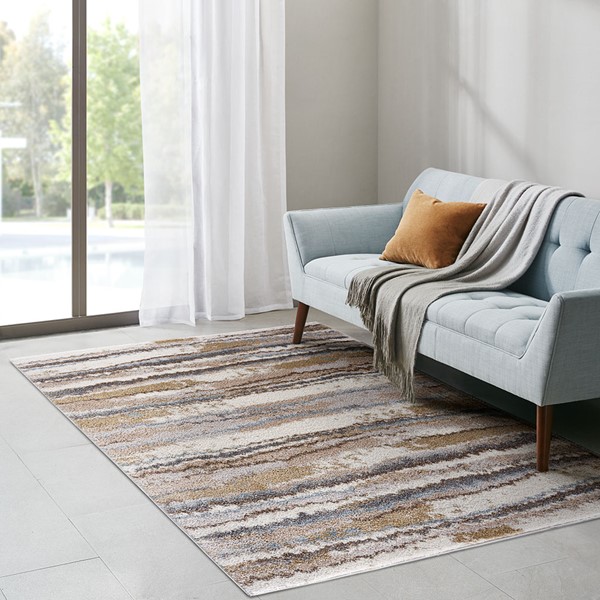 Madison Park Riley Watercolor Abstract Stripe Woven Area Rug in Blue/Tan, 5x7' MP35-7587