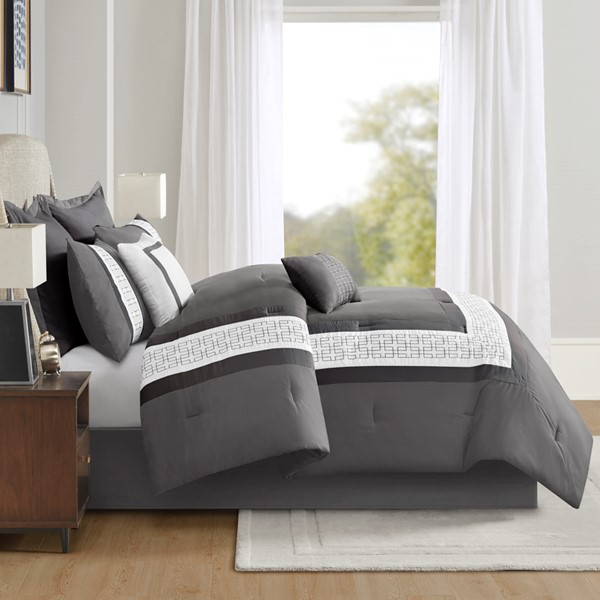 510 Design Powell 8 Piece Embroidered Comforter Set in Dark Grey, King 5DS10-0295