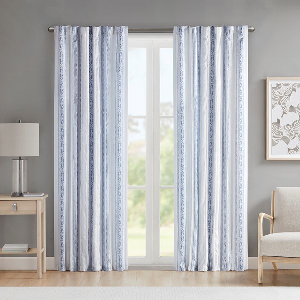 Madison Park Veronica Poly Printed Curtain Panel with Tufted Stripe and Lining in White/Navy, 50x84" MP40-8462