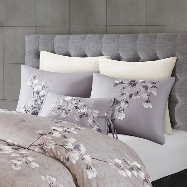 N Natori Sakura Blossom 3 Piece Cotton Sateen Printed Comforter Set in Lilac, Full/Queen NS10-3255