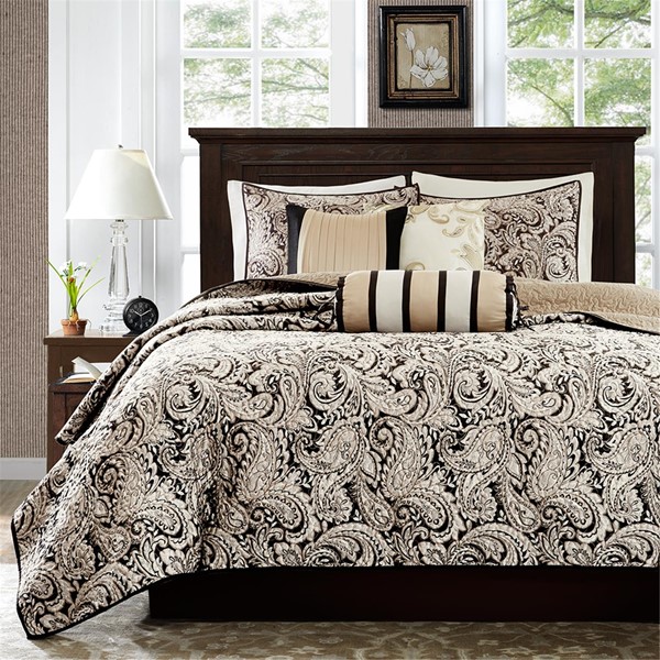 Madison Park Aubrey 6 Piece Jacquard Quilt Set with Throw Pillows in Black, King/Cal King MP13-2695