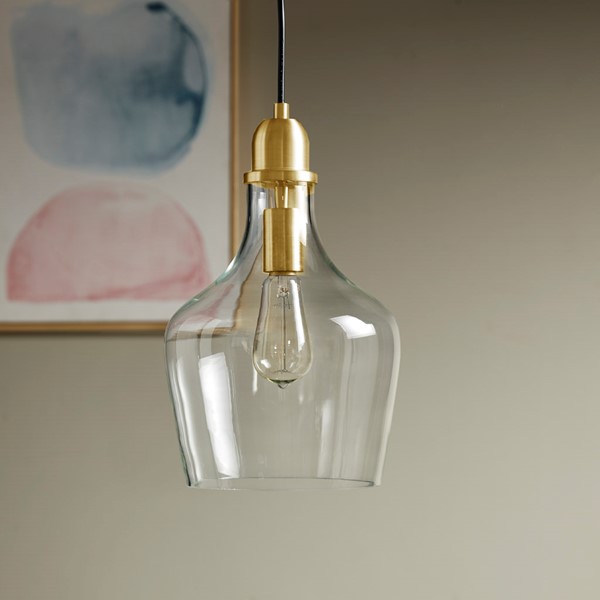 INK+IVY Auburn Bell Shaped Hanging Glass Pendant Light in Gold/Clear, Dia.9" MP151-0123