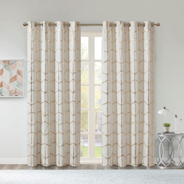 Intelligent Design Raina Total Blackout Metallic Print Grommet Top Curtain Panel in Ivory/Gold, 50x63" ID40-1615