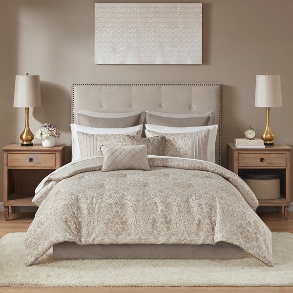 Madison Park Emilia 12 Piece Jacquard Comforter Set with Bed Sheets in Khaki, Queen MP10-7204