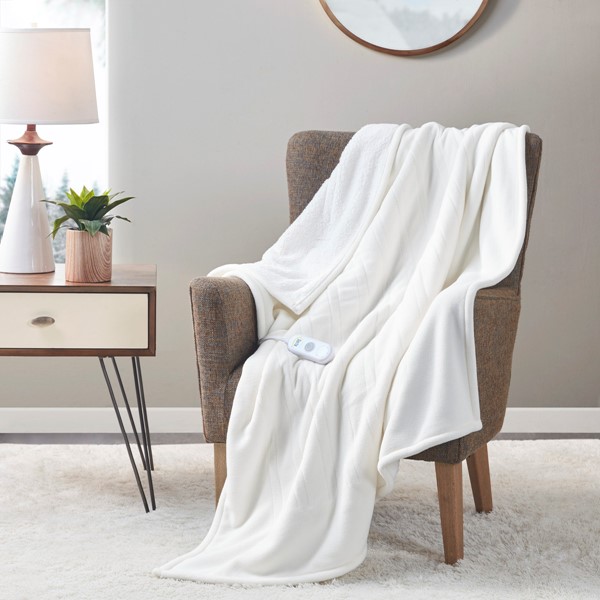 Serta Fleece to Sherpa Heated Throw in Ivory, 50x60" ST54-0080