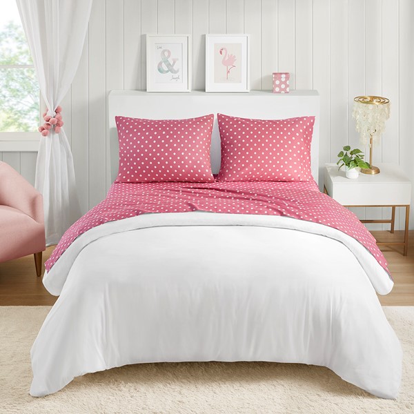 Mi Zone Polka Dot Printed 100% Cotton Sheet Set in Dark Pink, Queen MZ20-501