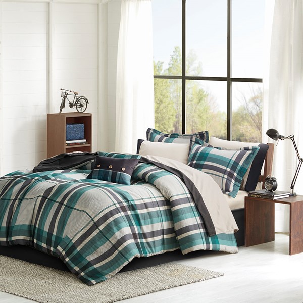 Intelligent Design Robbie Plaid Comforter Set with Bed Sheets in Teal/Black, Twin XL ID10-2431