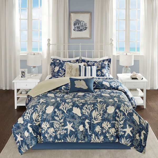 Madison Park Cape Cod 7 Piece Cotton Sateen Comforter Set in Blue, King MP10-5282