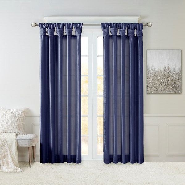 Madison Park Emilia 100% Polyester Solid Faux Silk Lined Twist Tab Window Curtain in Navy, 50x108" MP40-6318