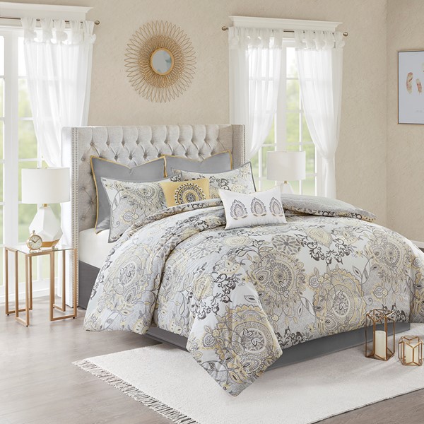 Madison Park Isla 8 Piece Cotton Floral Printed Reversible Comforter Set in Yellow, Cal King MP10-8157