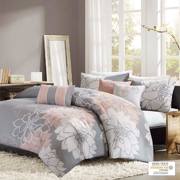 Madison Park Lola 6 Piece Printed Duvet Cover Set in Grey/Peach, King/Cal King MP12-5674