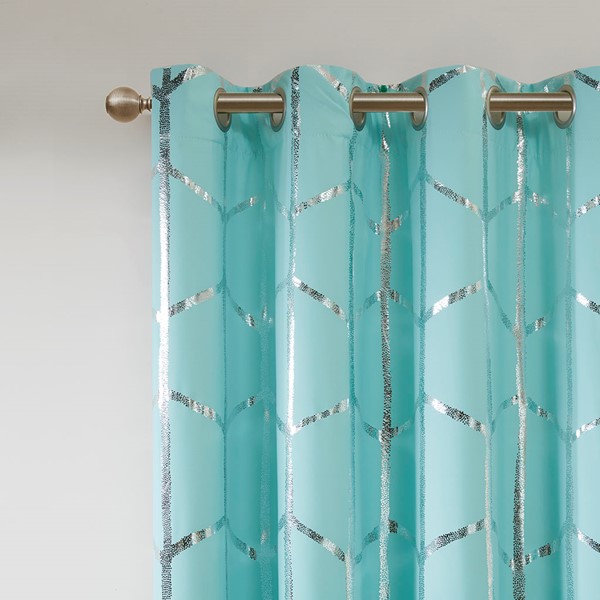 Intelligent Design Raina Total Blackout Metallic Print Grommet Top Curtain Panel in Aqua/Silver, 50x84" ID40-1407