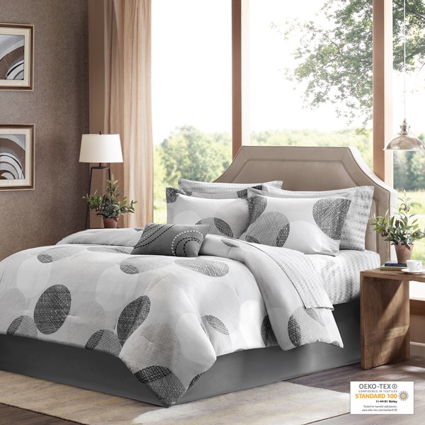 Madison Park Essentials Knowles Comforter Set with Cotton Bed Sheets in Grey, Full MPE10-006