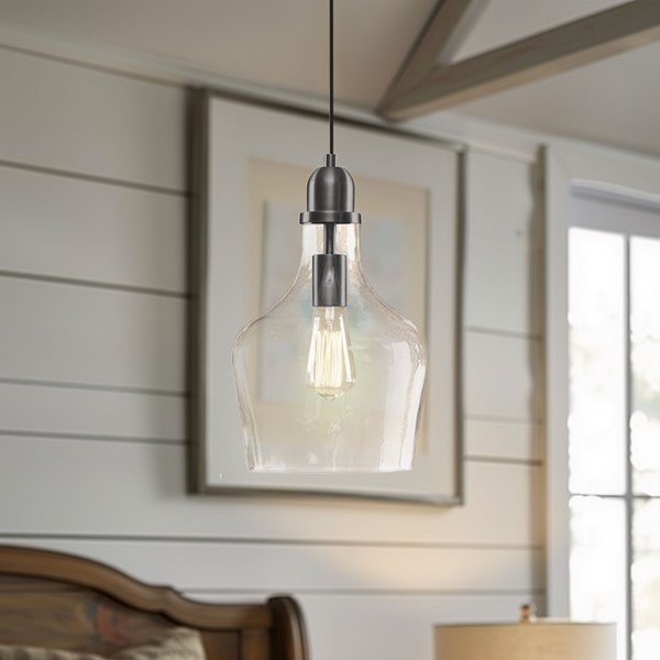 INK+IVY Auburn Bell Shaped Hanging Glass Pendant Light in Bronze/Clear, Dia.9" MP151-0198