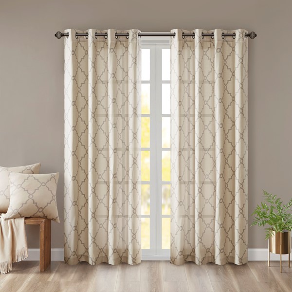 Madison Park Saratoga Fretwork Print Grommet Top Window Curtain Panel in Beige/Grey, 50x63" MP40-1279