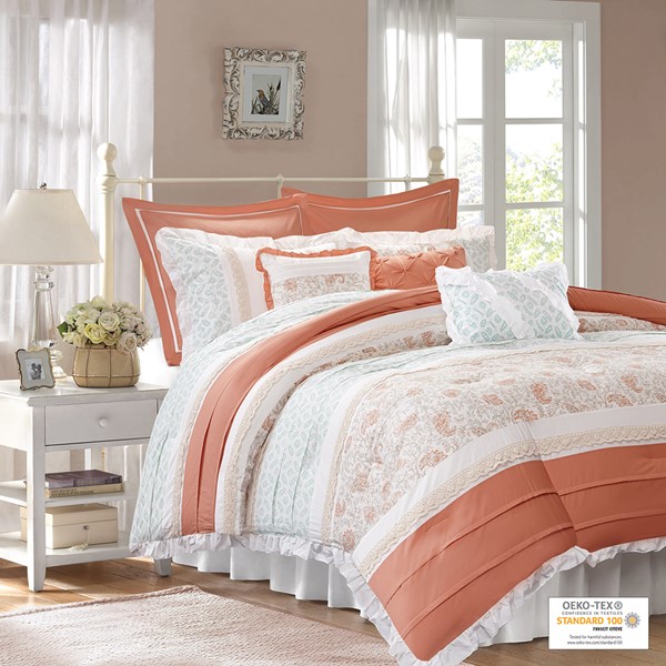 Madison Park Dawn 9 Piece Cotton Percale Comforter Set in Coral, King MP10-2794