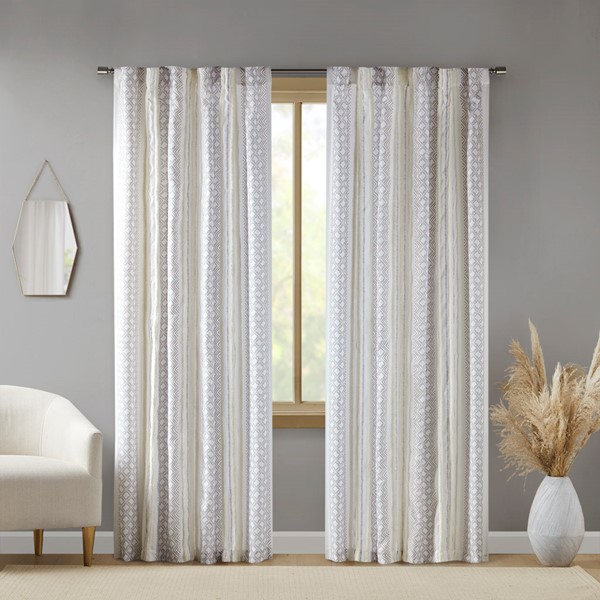 INK+IVY Ebby 2pk Poly Printed Curtain Panel with Tufted Stripe in White/Taupe, 2-PK 50x84" II40-1328