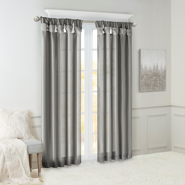 Madison Park Emilia 100% Polyester Solid Faux Silk Lined Twist Tab Window Curtain in Charcoal, 50x108" MP40-6558