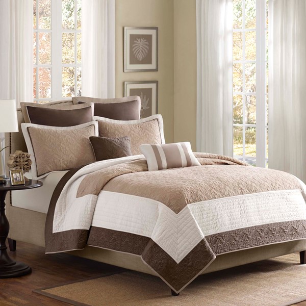 Madison Park Attingham 7 Piece Quilt Set with Euro Shams and Throw Pillows in Beige, Full/Queen MP13-240