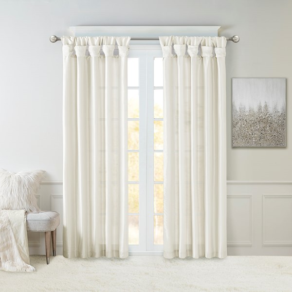 Madison Park Emilia 100% Polyester Solid Faux Silk Lined Twist Tab Window Curtain in White, 50x84" WIN40-115