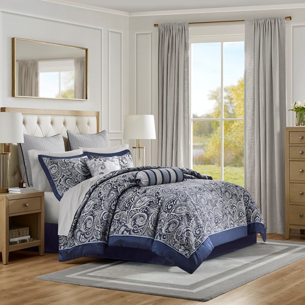 Madison Park Aubrey 12 Piece Comforter Set with Cotton Bed Sheets in Navy, Queen MP10-4695