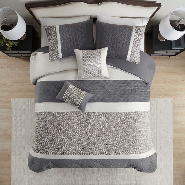 Madison Park Amelia 5 Piece Textured Jacquard Stripe Comforter Set with Throw Pillows in Grey, King/Cal King MP10-8378