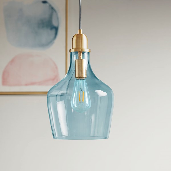 INK+IVY Auburn Bell Shaped Hanging Glass Pendant Light in Gold/Blue, Dia.9" FB151-1171