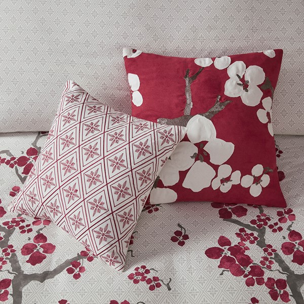 N Natori Cherry Blossom Square Pillow in Red, 18x18" NS30-1826A