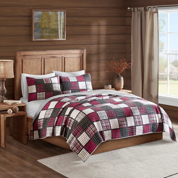 Woolrich Tulsa Oversized Plaid Print Cotton Quilt Set in Red/Grey, King/Cal King WR13-2524