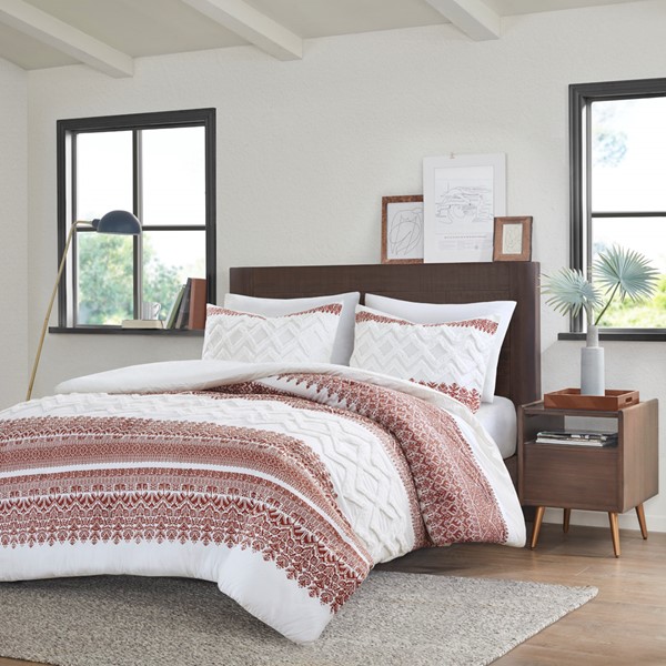 INK+IVY Mila 3 Piece Cotton Duvet Cover Set with Chenille Tufting in Auburn, Full/Queen II12-1317