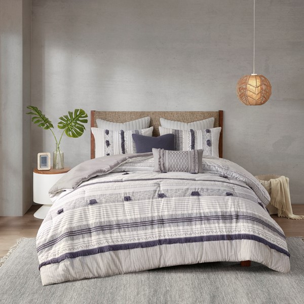 INK+IVY Cody 3 Piece Cotton Comforter Set in Gray/Navy, Full/Queen II10-1260