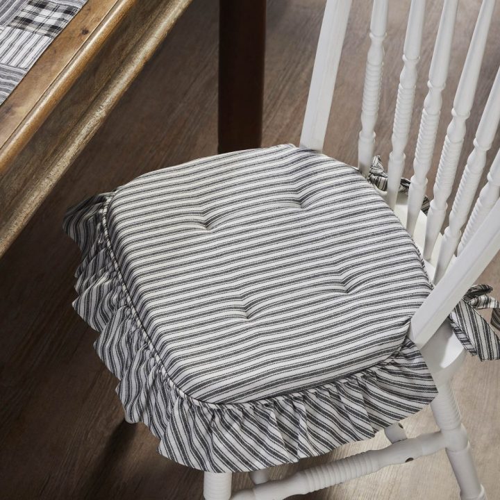 Sawyer Mill Black Ticking Stripe Ruffled Chair Pad 16.5x18