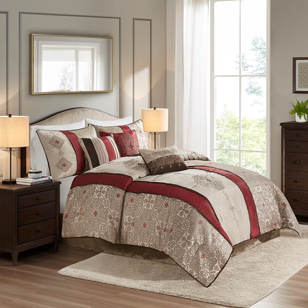 Madison Park Donovan 7 Piece Jacquard Comforter Set with Throw Pillows in Red, King MP10-750