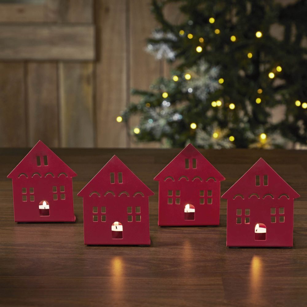 Tealight Holder House Barn Red Set of 4 4.5x3.75x2.25