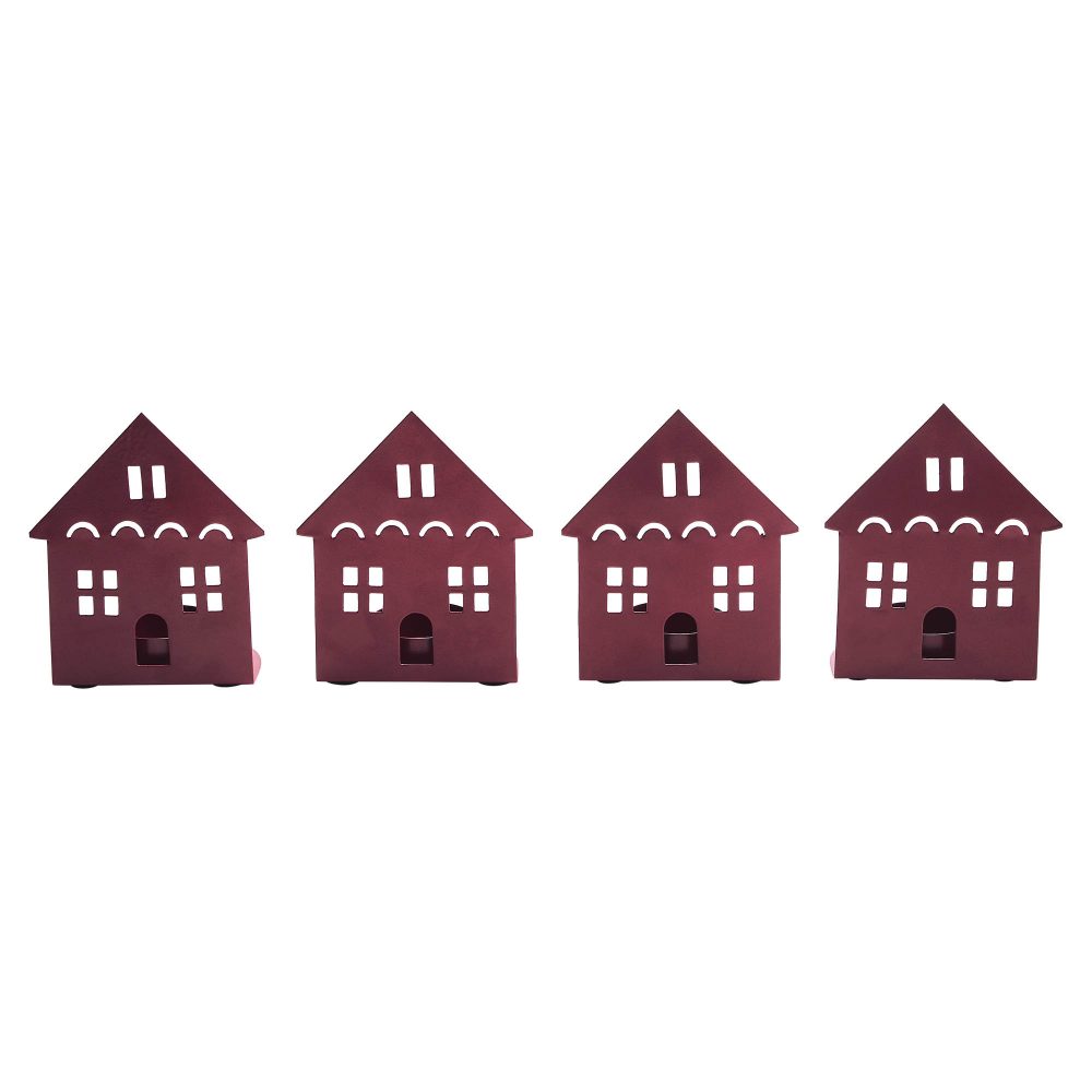 Tealight Holder House Burgundy Set of 4 4.5x3.75x2.25