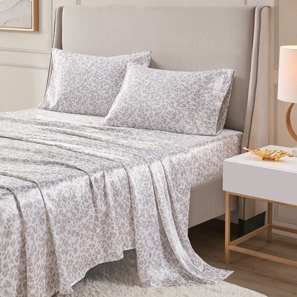 Madison Park Essentials Printed Satin Sheet Set in Taupe Leopard, King MPE20-995