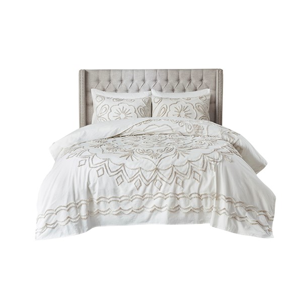 Madison Park Violette 3 Piece Tufted Cotton Chenille  Coverlet Set in Ivory/Taupe, King/Cal King MP13-7145