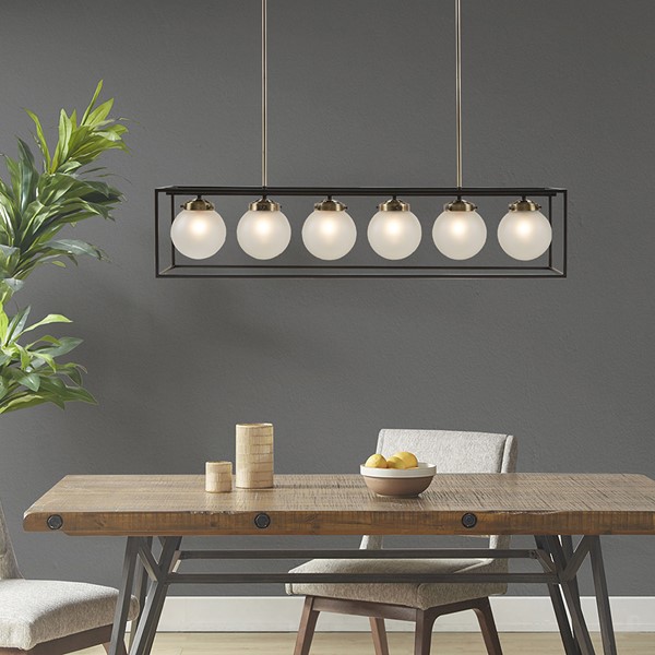 INK+IVY Helena 6-Light Frosted Glass Globe Linear Chandelier in Antique Brass/Black II150-0122