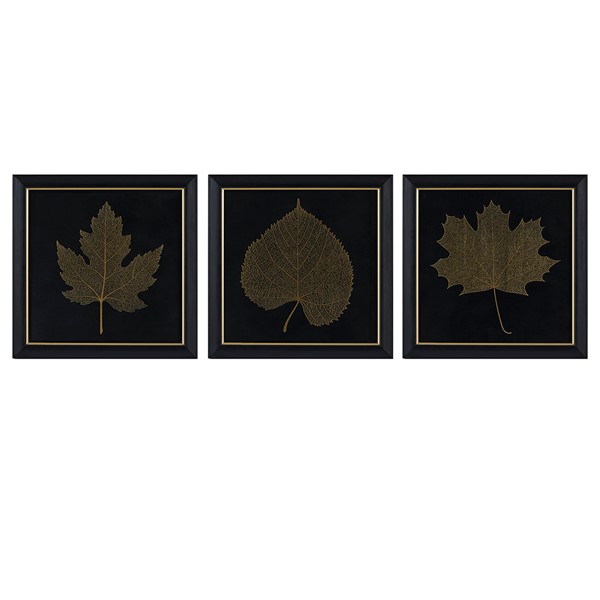 Martha Stewart Gilded Trio Gold Metallic Leaf Square Framed Graphic Wall Decor 3-Piece Set in Black/Gold MT95G-0087