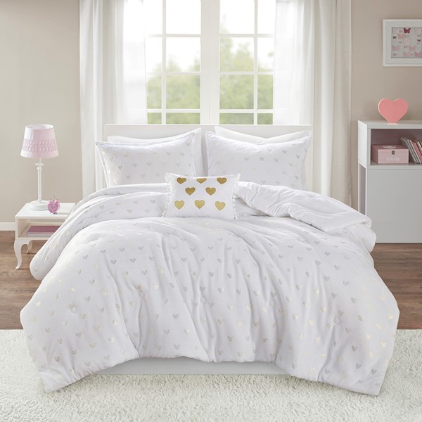 Mi Zone Rosalie Metallic Printed Plush Comforter Set with Throw Pillow in White/Gold, Full/Queen MZ10-0651