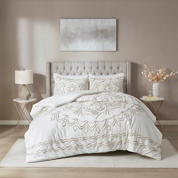 Madison Park Violette 3 Piece Tufted Cotton Chenille Duvet Cover Set in Ivory/Taupe, Full/Queen MP12-7142